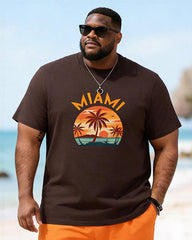 Big & Tall Men's MIAMI Coconut Tree Sunset Print Round Neck Short Sleeve T-Shirt Shorts Set