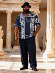 Big & Tall Men's Navy Greek Printed Short Sleeve Shirt Trousers Suit