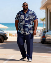 Big & Tall Men's Navy Blue Full Print Coconut Tree Print Zipper Polo Short Sleeve Trousers Set