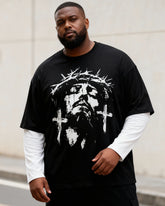 Big & Tall Men's Religious Thorn Head Printed Fake Two Long Sleeve T-Shirts