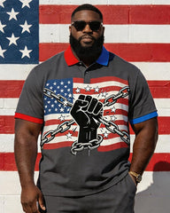 Big & Tall Men's American Flag Break Off Chain Fist Print POLO Short Sleeve Shorts Set