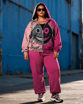 Women's Plus Size Halloween Rose Red Color-block Expression Printed Cardigan Hoodie Set
