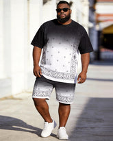 Big & Tall Men's Black And White Gradient Cashew Flower Printed Round Neck Short Sleeve T-shirt Shorts Set