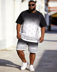 Big & Tall Men's Black And White Gradient Cashew Flower Printed Round Neck Short Sleeve T-shirt Shorts Set