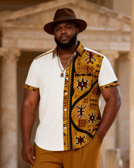 Big & Tall Men's Batik Stitching Printed Short Sleeve Shirt Trousers Suit