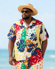 Big & Tall Men's Colorful Polo Hibiscus Flower Printed Short Sleeve Shirt Shorts Set