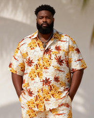 Big & Tall Men's Warm Autumn Leaf Printed Short Sleeve Shirt And Shorts Set