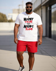 Big & Tall Men's "Happy Wife Happy Life" Printed Round Neck Short Sleeve T-Shirt Shorts Set