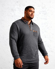 Big & Tall Men's Plaid Pocket Lapel Long Sleeve Polo M-3XL