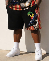 Big & Tall Men's Reggae Color Matching African Map Fist American Flag Printed Crewneck Short Sleeve T-Shirt Shorts Set