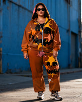 Women's Plus Size Halloween Pumpkin Graffiti Print Cardigan Hoodie Set