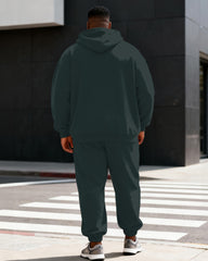 Big & Tall Men's Dark Green Contrast Strap Decorative Printed Hoodie Set