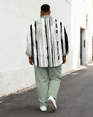 Big & Tall Men's Business Green Striped Print Long Sleeve Shirt Pants Set