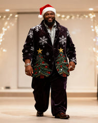 Big & Tall Men's Black Christmas Tree Snowflake Print Suit