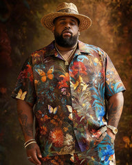 Big & Tall Men's Jungle Floral Butterfly Print Short Sleeve Shirt Shorts Set