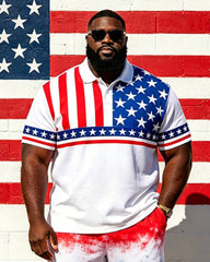 Big & Tall Men's American Flag Colorblock Printed POLO Short Sleeve Shorts Set