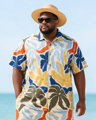 Big & Tall Men's Morandi Color Contrast Large Flower Print Short Sleeve Shirt And Shorts Set