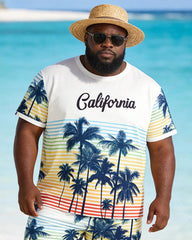 Big & Tall Men's Rainbow Striped Coconut Print Round Neck Short Sleeve T-Shirt Shorts Set
