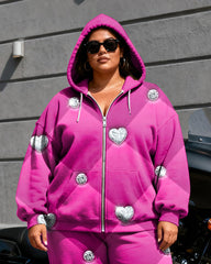 Women's Plus Size Rose Red Diamond Print Cardigan Hoodie Set