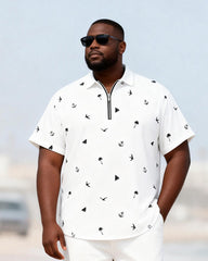 Big & Tall Men's Nautical Elements Print Zipper Polo Short Sleeve Pants Set