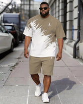 Big & Tall Men's Khaki White Splash Ink Lightning Print Round Neck Short Sleeve T-shirt Shorts Set