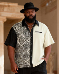 Big & Tall Men's Black And White Carved Contrast Printed Short Sleeve Shirt Pants Set