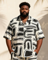 Big & Tall Men's Black And White Flowing Geometric Print Short Sleeve Shirt Shorts Set
