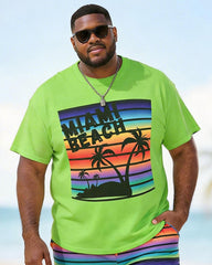 Big & Tall Men's MIAMI BEACH Rainbow Stripe Printed Crewneck Short Sleeve T-Shirt Shorts Set
