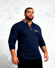 Big & Tall Men's Plaid Pocket Lapel Long Sleeve Polo M-3XL