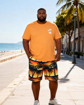 Big & Tall Men's Orange Small Label Coconut Tree Printed Crewneck Short Sleeve T-Shirt Shorts Set