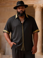 Big & Tall Men's Black Gold Trim Light Luxury Printed Short-sleeved Shirt Pants Set