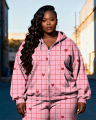 Women's Plus Size Pink Love Check Print Cardigan Hoodie Set
