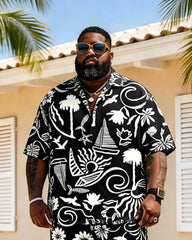 Big & Tall Men's Black And White Nautical Elements Print Short Sleeve Shirt Shorts Set