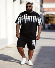 Big & Tall Men's Gothic Richmond Letter Printed Round Neck Short Sleeve T-Shirt Shorts Set