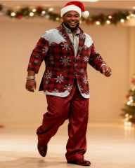 Big & Tall Men's Christmas Red And Black Plaid Snowflake Print Suit