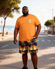 Big & Tall Men's Orange Small Label Coconut Tree Printed Crewneck Short Sleeve T-Shirt Shorts Set