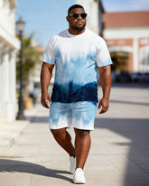 Big & Tall Men's Blue And White Gradient Tie-dye Printed Round Neck Short Sleeve T-shirt Shorts Set