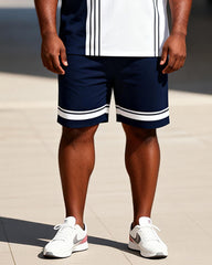 Big & Tall Men's Tibetan White Contrast Wolf Head Printed Crew Neck Short Sleeve T-shirt Shorts Set