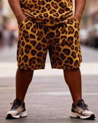 Big & Tall Men's Leopard Print Short Paw Print Round Neck Short Sleeve T-Shirt Shorts Set