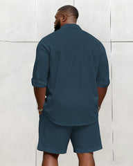 Big & Tall Men's Business Blue Geometric Print Long Sleeve Shirt Shorts Set