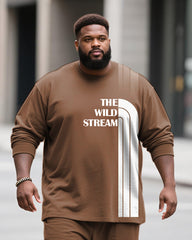 Big & Tall Men's Brown Striped Alphabet Print Long Sleeve T-Shirt Pants Set