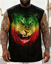 Big & Tall Men's Red, Yellow And Green Gradient Lion Head Printed Round Neck Sports Vest