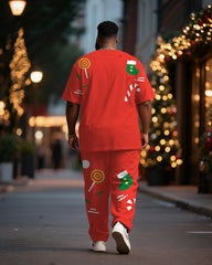 Big & Tall Men's Santa Claus Cosplay Printed T-Shirt Trousers Suit