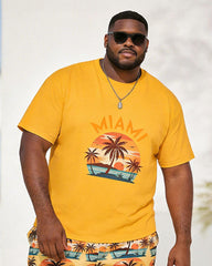 Big & Tall Men'sMIAMI Coconut Tree Sunset Print Round Neck Short Sleeve T-Shirt Shorts Set