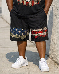 Big & Tall Men's American Flag Cross Eagle Print Crewneck Short Sleeve T-Shirt Shorts Set