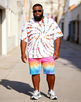 Big & Tall Men's Rainbow Spiral Tie-Dye Printed Round Neck Short Sleeve T-Shirt Shorts Set