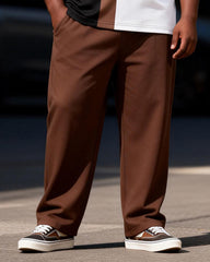 Big & Tall Men's Black And White Brown Stitching Printed Zipper Polo Short Sleeve Trousers Set