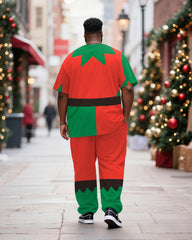 Big & Tall Men's Christmas Elf Cosplay Printed T-Shirt Trousers Suit