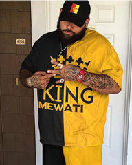 Big & Tall Men's Yellow And Black Stitching Letter Printed Round Neck Short Sleeve T-shirt Shorts Set