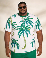Big & Tall Men’s White Base Green Coconut Tree Print Crew Neck Short-Sleeve T-Shirt And Shorts Set